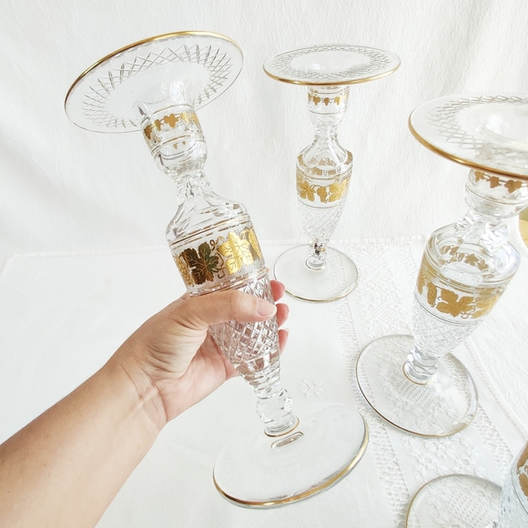 Val St Lambert Candlestick Holder, Cut Crystal 1940-50s Belgian Glass Gold Gilt - Picture 3 of 11